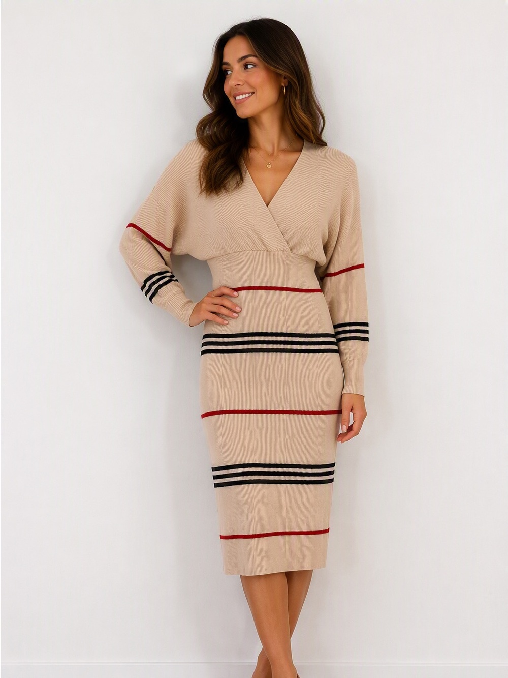 SHEIN Beige Knit Stripe Midi Dress with Black & Red Accents